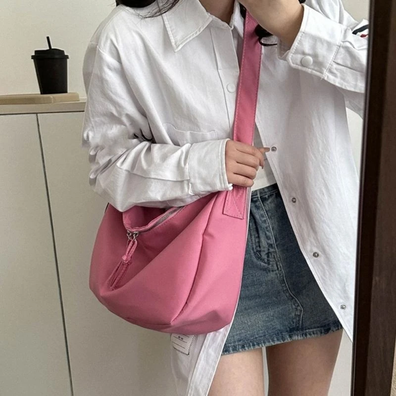 

G5AE Nylon Tote Bag Reusable Women Hobo Shoulder Bag Crossbody Handbag Zipper Closure