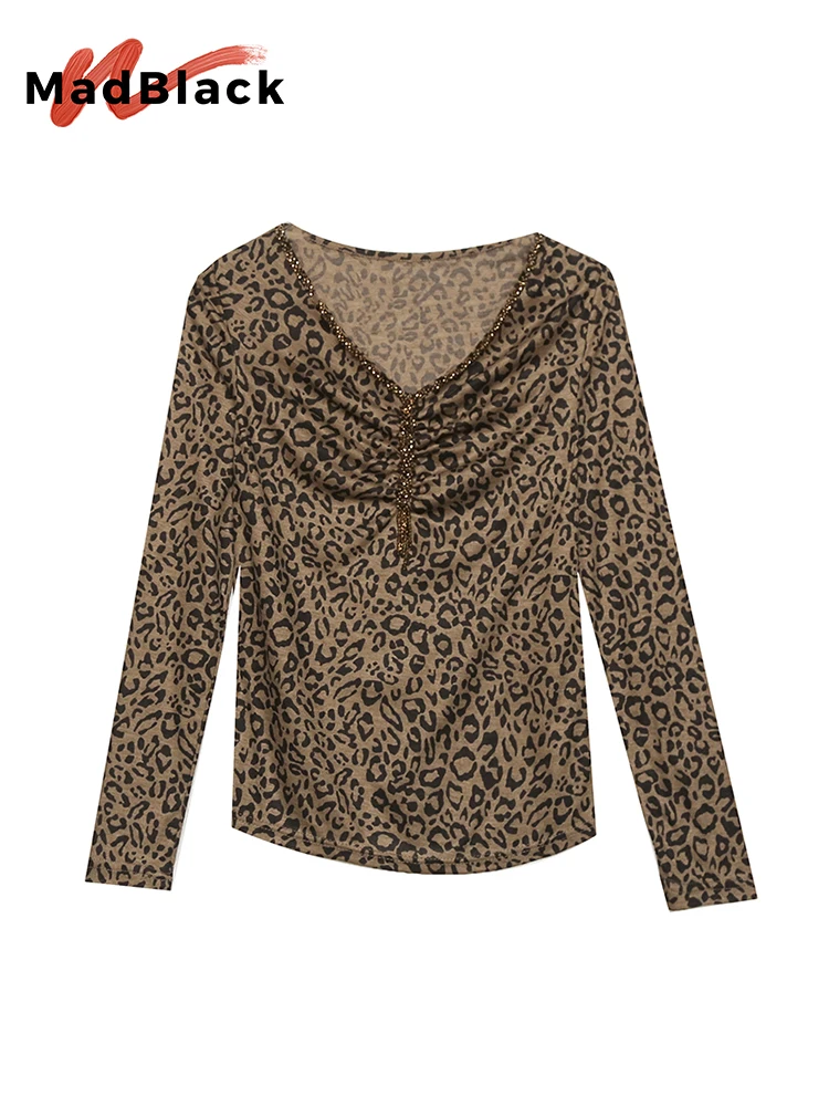 MadBlack Mùa Thu Mùa Xuân Châu Âu Quần Áo Áo Thun Vòng Cổ Sexy Da Báo Đính Hạt Nữ Áo Mới TEE T22020X