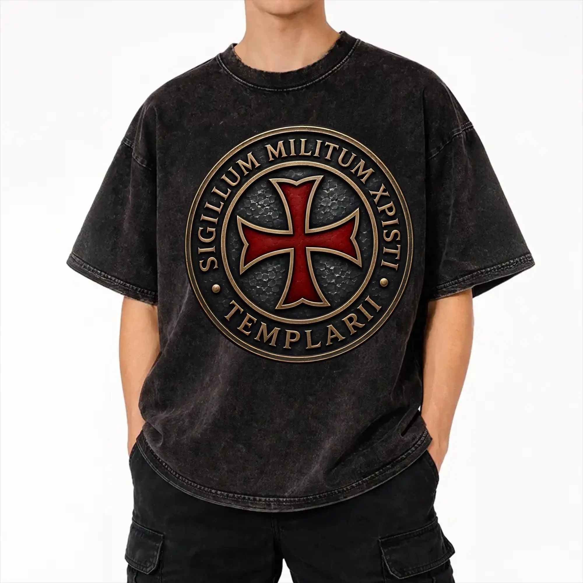 Harajuku Washed Shirt Templar Cross Knights Outfit Vintage T Shirt Oversize  Streetwear Cotton Graphic Tops Tees