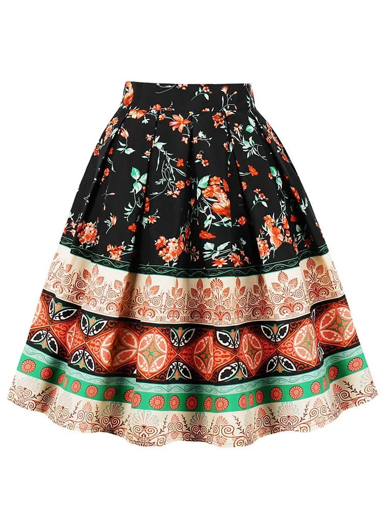 Floral Pleated Short Skirt For Women Summer Vintage High Waist Midi Skirt Female Vacation