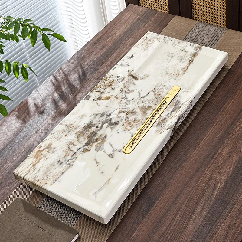 a*-Marble Coffeeware Tea Tray Serving Drainage Chinese Drip Valet Pot Tea Tray Rectangle Hospitality Home Decorationgs/.