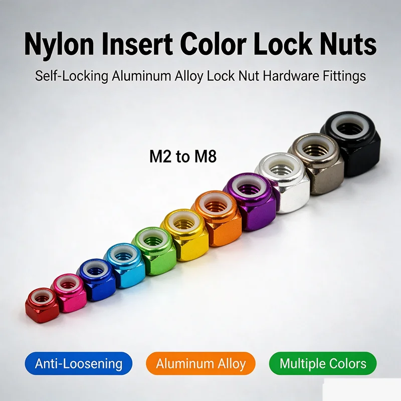 Self-Locking Aluminum Alloy Lock Nuts Nylon Insert Color Lock Nut Hardware Fittings M2 M3-M6 M8