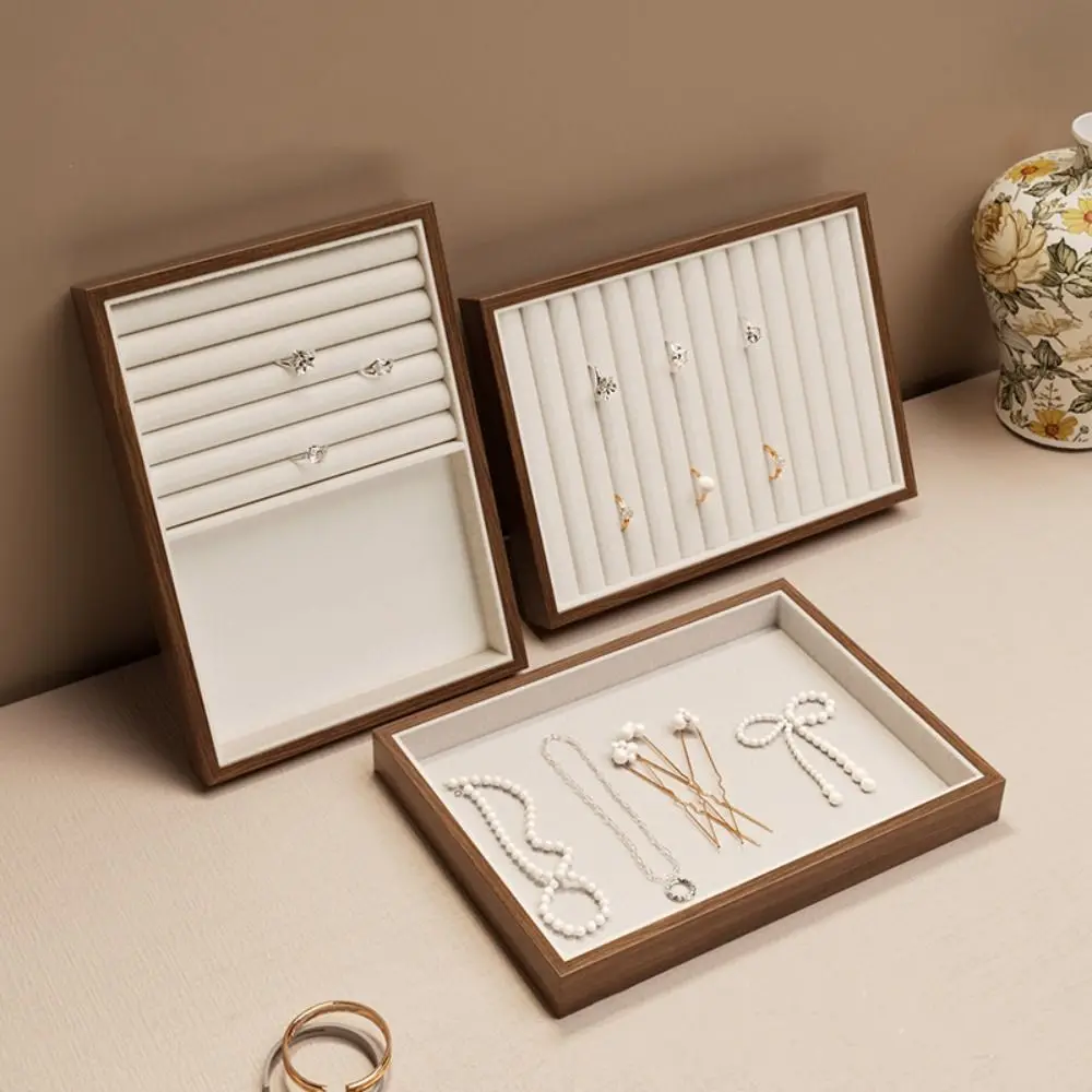 Simple 28 Grids Wood Rings Tray Exquisite Necklace Case Ring Earring Holder Velvet Jewlery Organizer Jewelry Display Tray Home
