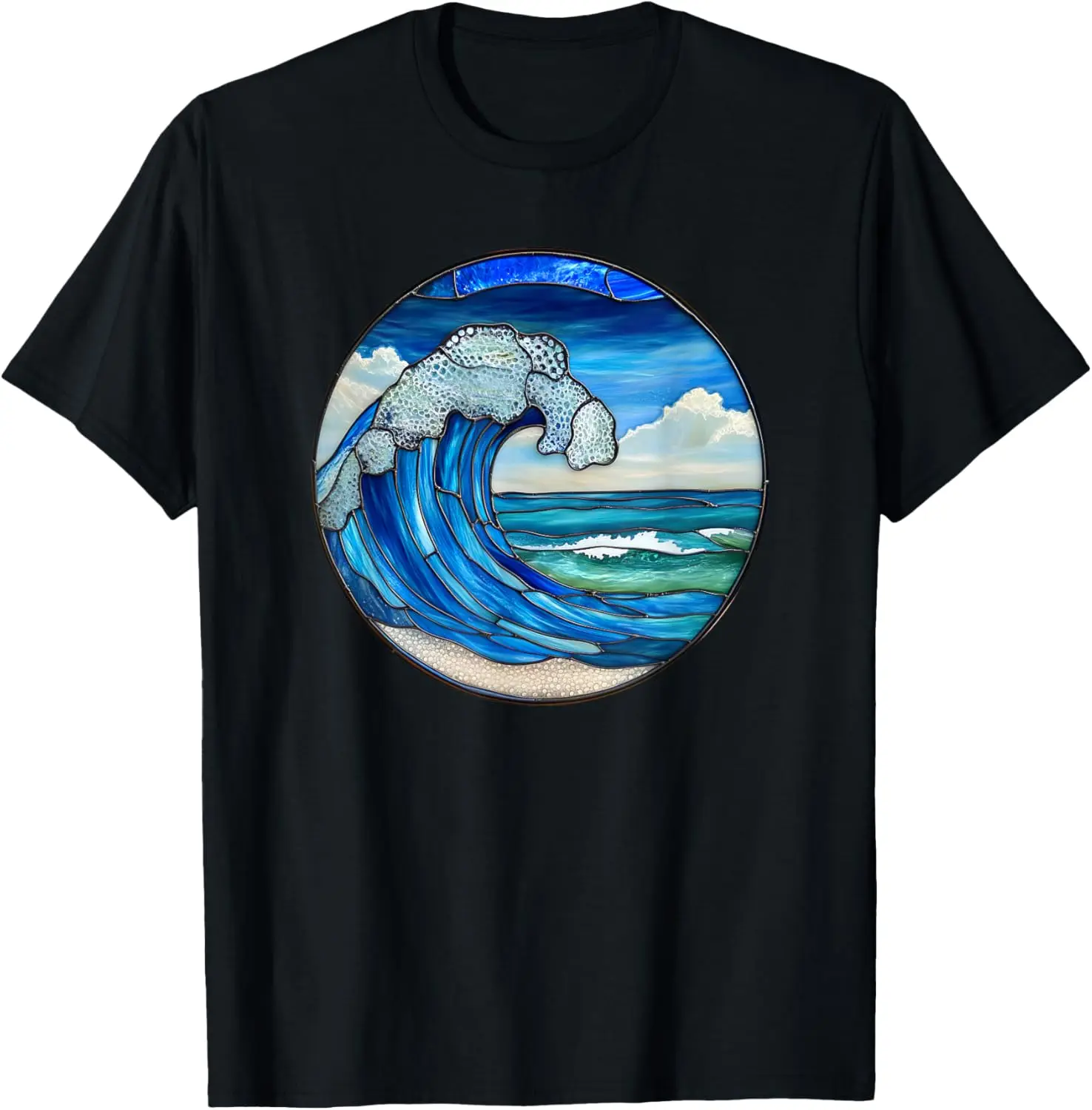 Beach Ocean Sea Wave Cloud Stained Glass Pattern Print T-Shirt