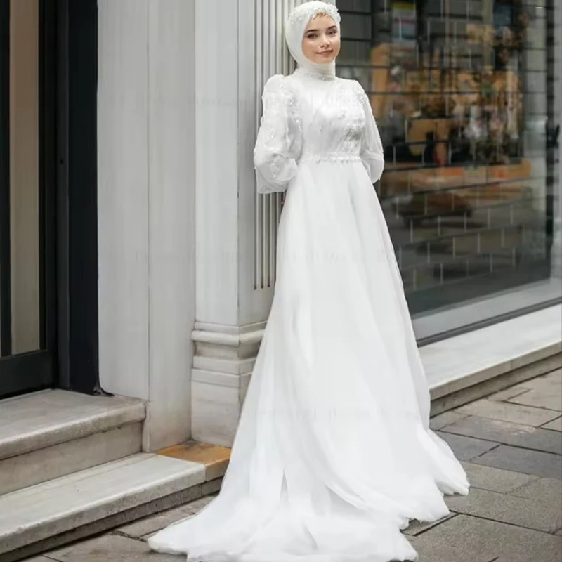 

Muslim Wedding Dresses with Hijab High Neck Long Sleeve A-line Bride Dress Appliques Draped Flower White Bridal Gown Customized