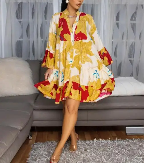 Abito da donna 2025 Moda Estate Ultimo stile di vendita caldo Elegante abito corto a contrasto con stampa floreale allentata con scollo a V