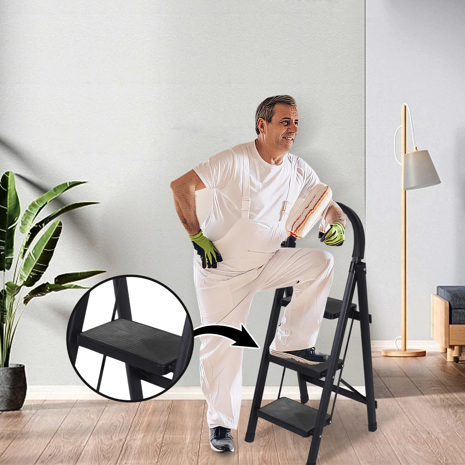 3 Step Folding Ladder Sturdy Steel Ladder 330LBS Capacity Wide Platform Steps Lightweight for Household Kitchen Office