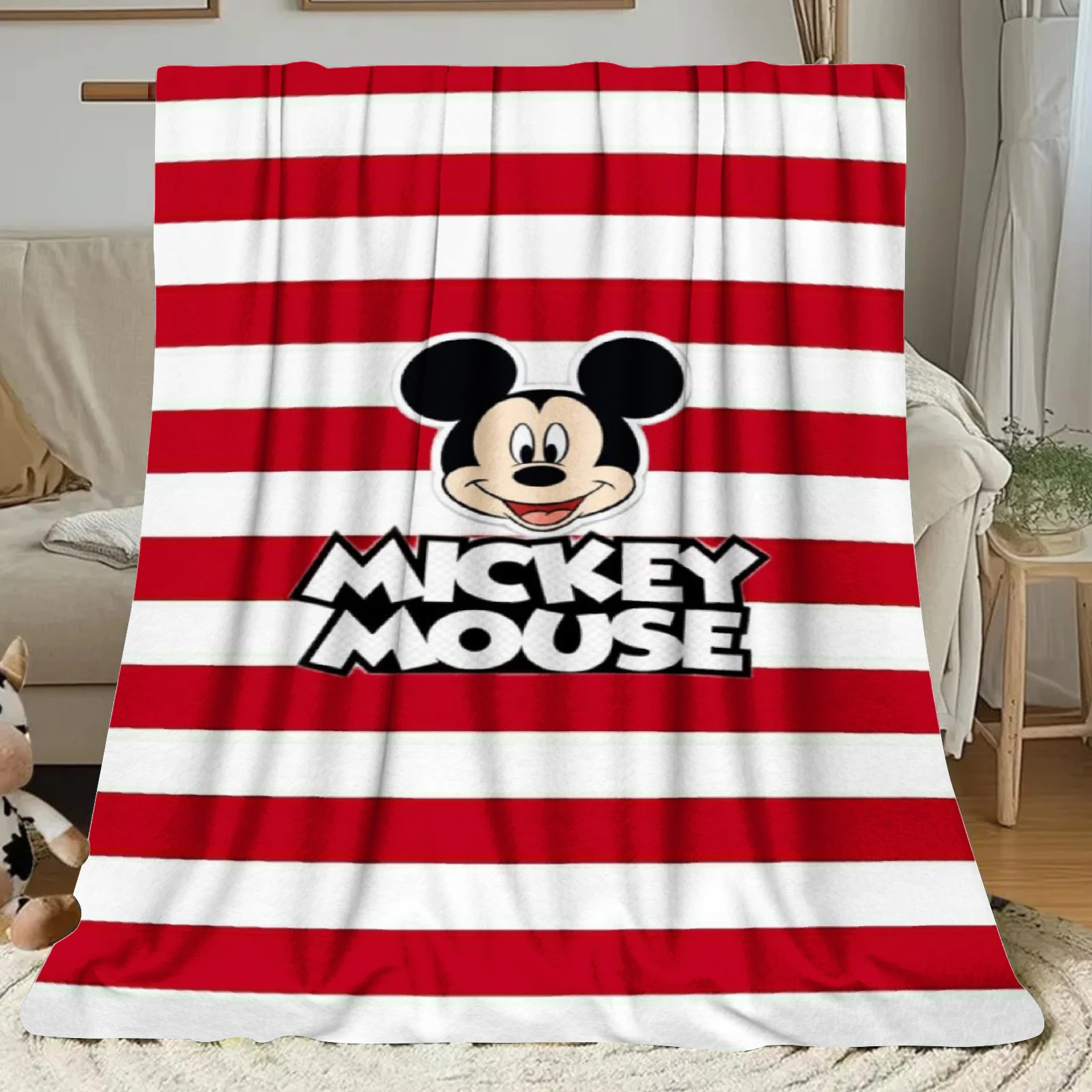 1 manta de franela de Disney adecuada para las cuatro estaciones, con rayas rojas y blancas y cara de Mickey Mouse, para viajes, camping, sala de estar, oficina, lavable a máquina