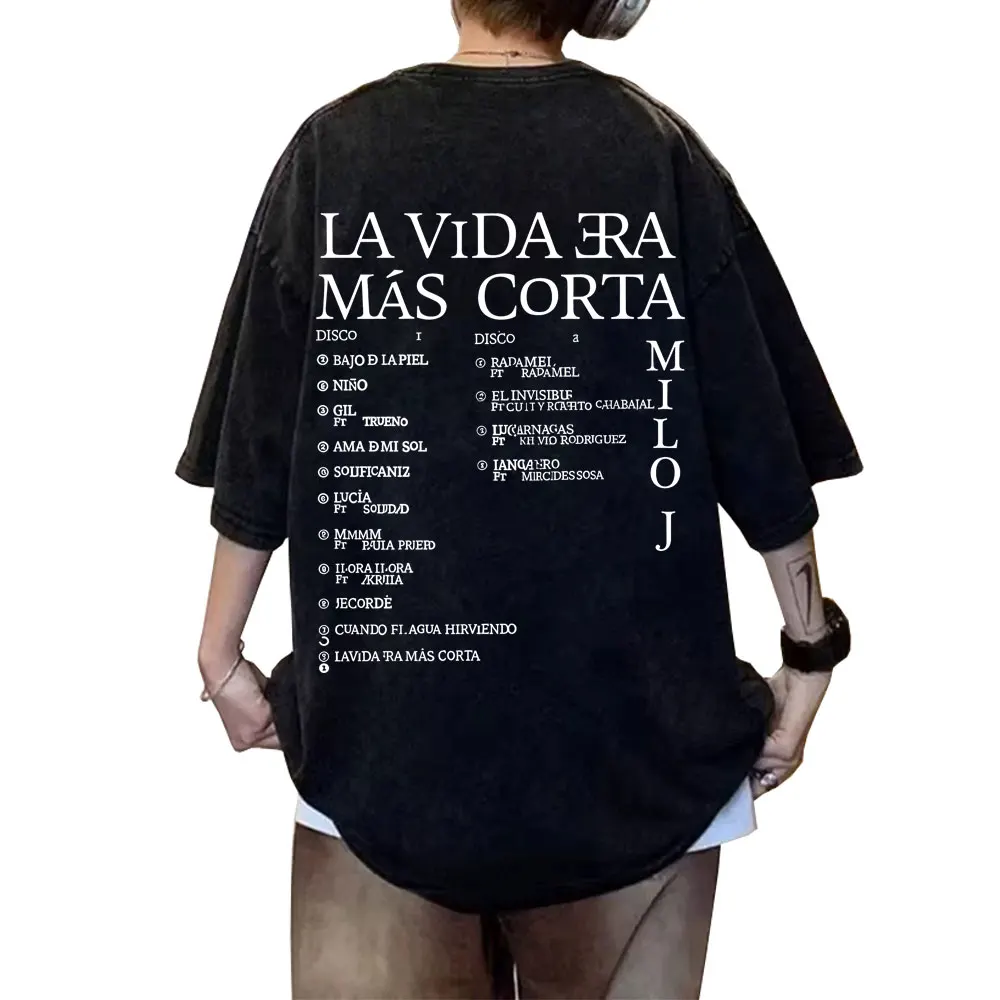 Washed Vintage Rapper Milo J La Vida Era Mas Corta Graphic T-shirt Men Women Hip Hop Fashion T Shirt Male Casual Cotton T-shirts