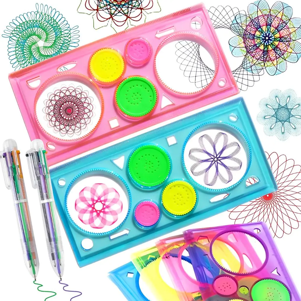 1 Juego de reglas de dibujo Spirograph y 6 bolígrafos de colores, herramienta de plantilla geométrica para pintura artística rosa para manualidades hechas a mano YMY