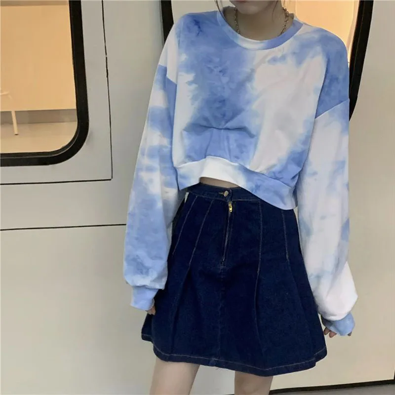 MEXZT Spring Streetwear Women Oversize Loose Pullovers Vintage Y2k Tie Dye Cropp Top Korean Fashion Long Sleeve Sweatshirts New