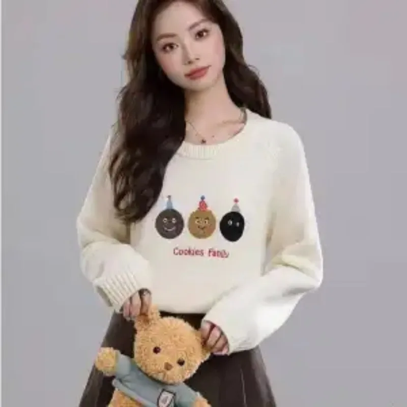 

Ленивый стильный свитер с круглым вырезом и рукавами реглан для женщин, осенне-зимний свободный вязаный топ с вышивкой