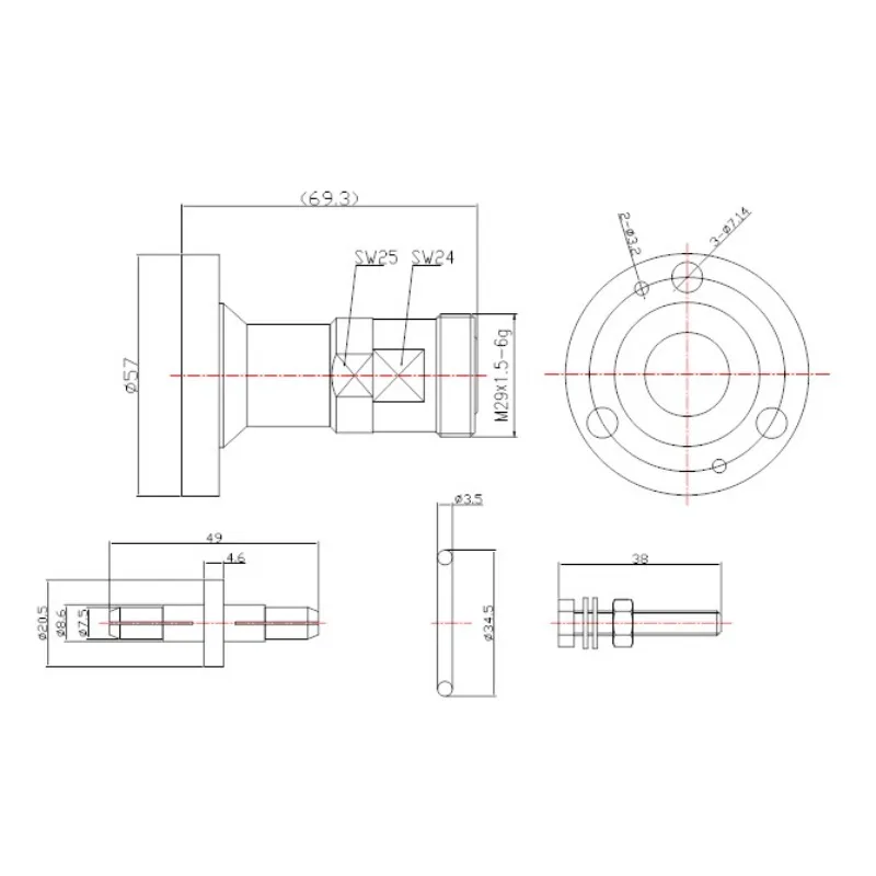 IF45/DIN-K adapter 7/8 flange to female 7/16/L29 to IF45 adapter