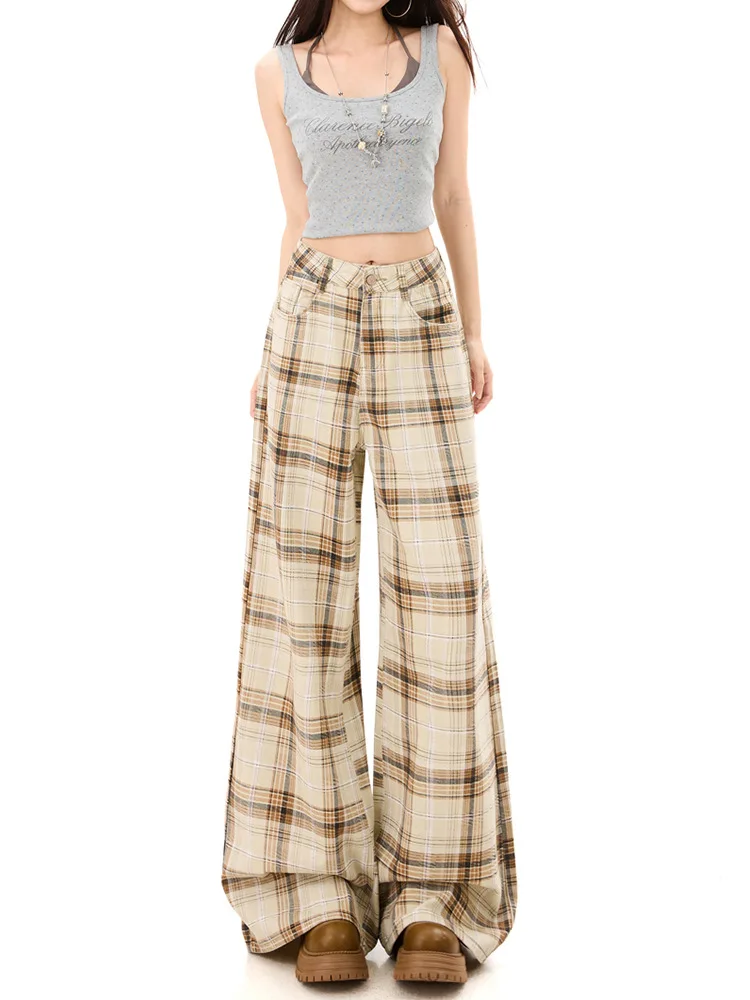 2026 Summer New Women's Plaid Pants American Casual Fashion High Street Retro Loose Fit All Match Female Wide Leg Pants