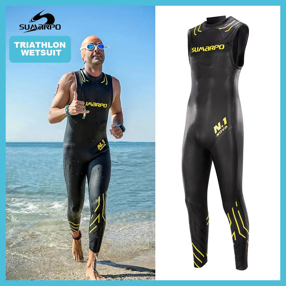 SUMARPO Triathlon Wetsuits for Men, 3mm Yamamoto Neoprene Skinsuit, Sleeveless, Open Water Swimming, Fina Approved