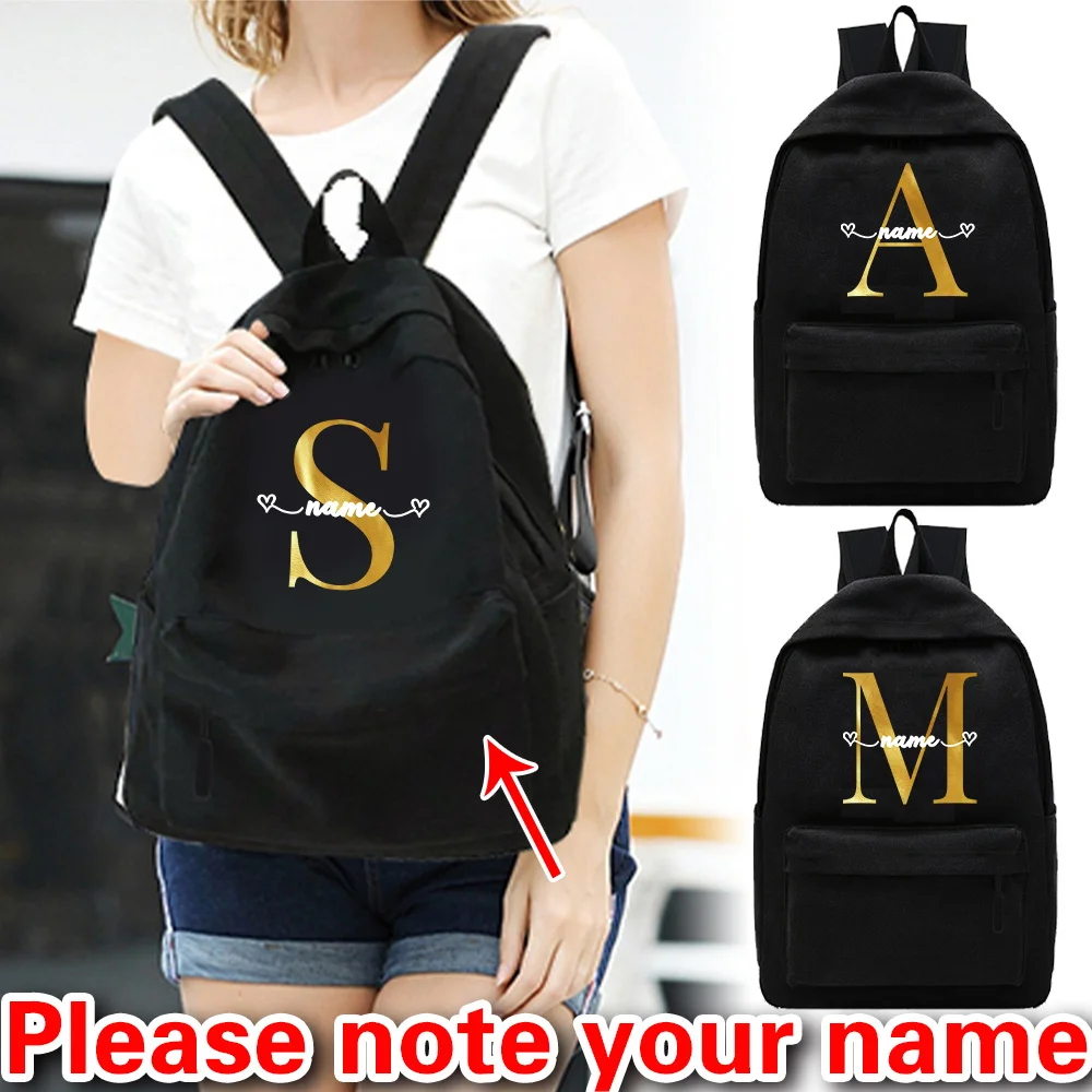 

Personalized Customized Black Backpack Large Capacity Travel Hiking Backpack Casual Travel Backpack Gold Letter Series