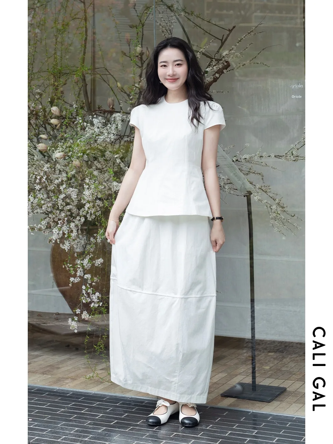 

Cali Gal Spring Summer Vintage Floral Bud Skirt Set Precise 3D Tailoring Short Sleeve round Neck Two-Piece Women's Fashion Set