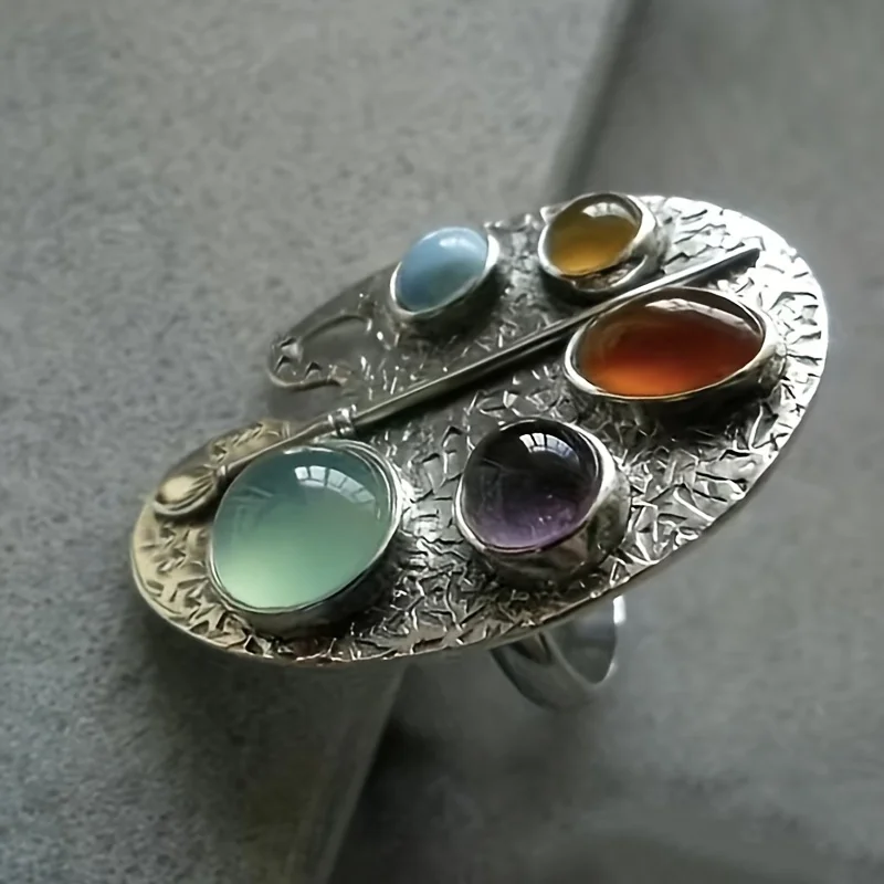 Creative Geometry Silvery Color Metal Oval Inlaid Colored Stones Women Rings Vintage Die-casting Pattern Party Adjustable Ring