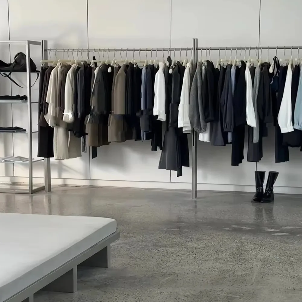 Modern Minimalist Stainless Steel Floor Clothing Rail, Backless Design, for Streetwear/Boutique Stores, Customizable
