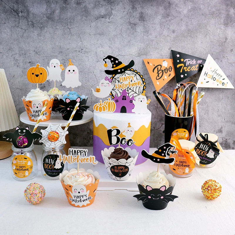 Trick or Treat Halloween Cake Toppers Ghost Happy Halloween Party Cake Decoration Spider Web Pumpkin BOO Flags DIY