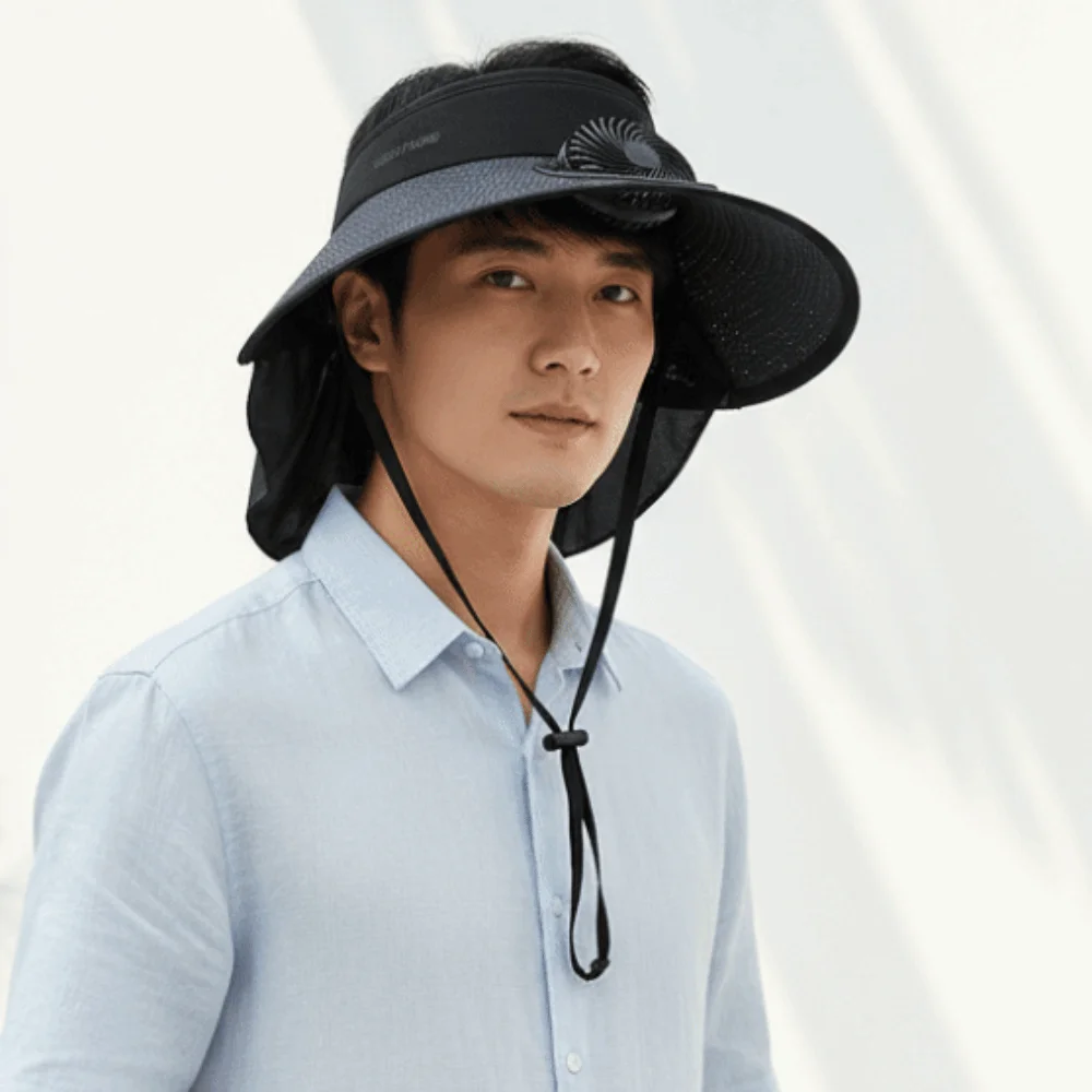 Portable Rechargeable Fan Hat Long-lasting Breathable Fishing Sun Shading Cap with Neck Shawl Polyester Wide Brim Fan Hat Hiking