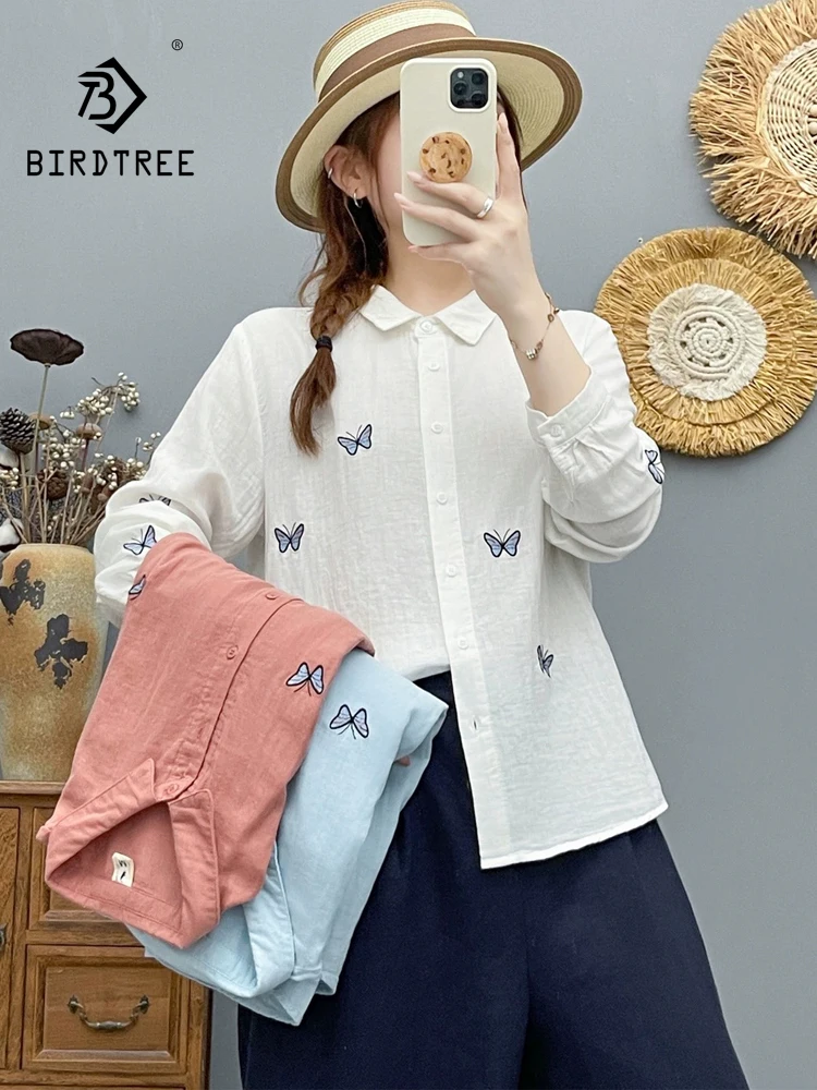 New 2026 Autumn Women Cotton Yarn Long Sleeve Shirt, Lapel Butterfly Embroidery, Mori Girl OL Commute Chic Loose Blouse T6O423CC