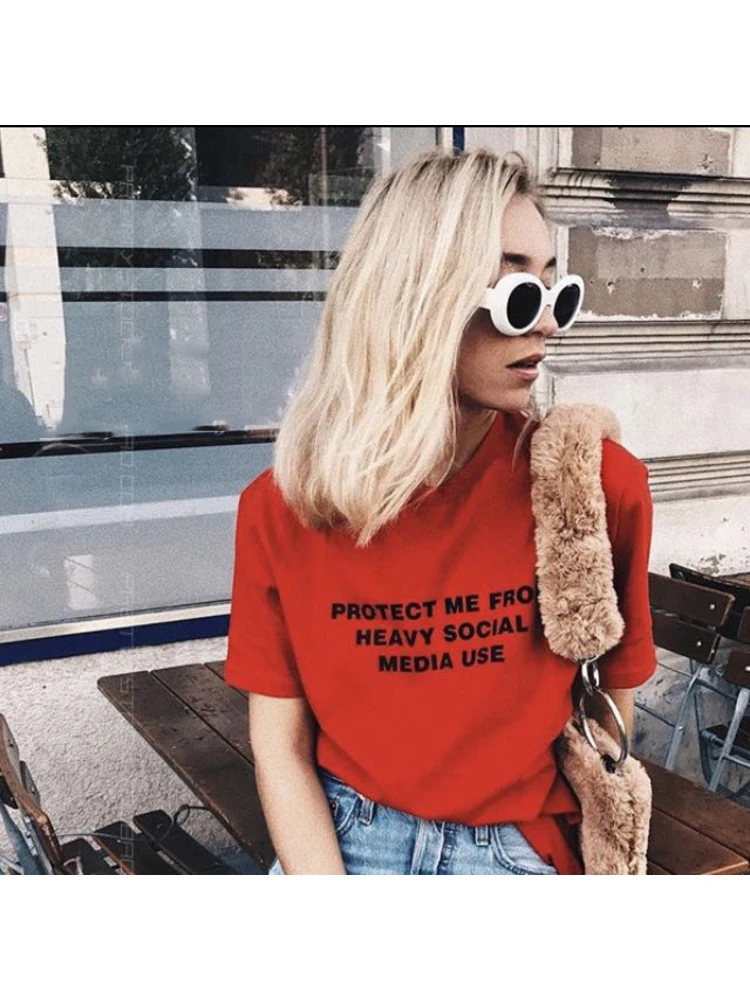 Protect Me From Heavy Social Media Use Shirt Women Aesthetic Tumblr Shirt Funny Quotes Grunge Shirt Summer Fashion Clothes