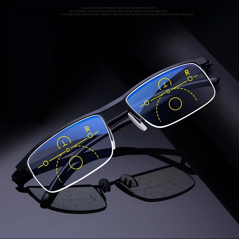 Progressive Reading Glasses Multifocal Anti-blue Light Glass Glasses Half Frame Metal Alloy Men and Women +1.0 +1.5 To +4.0