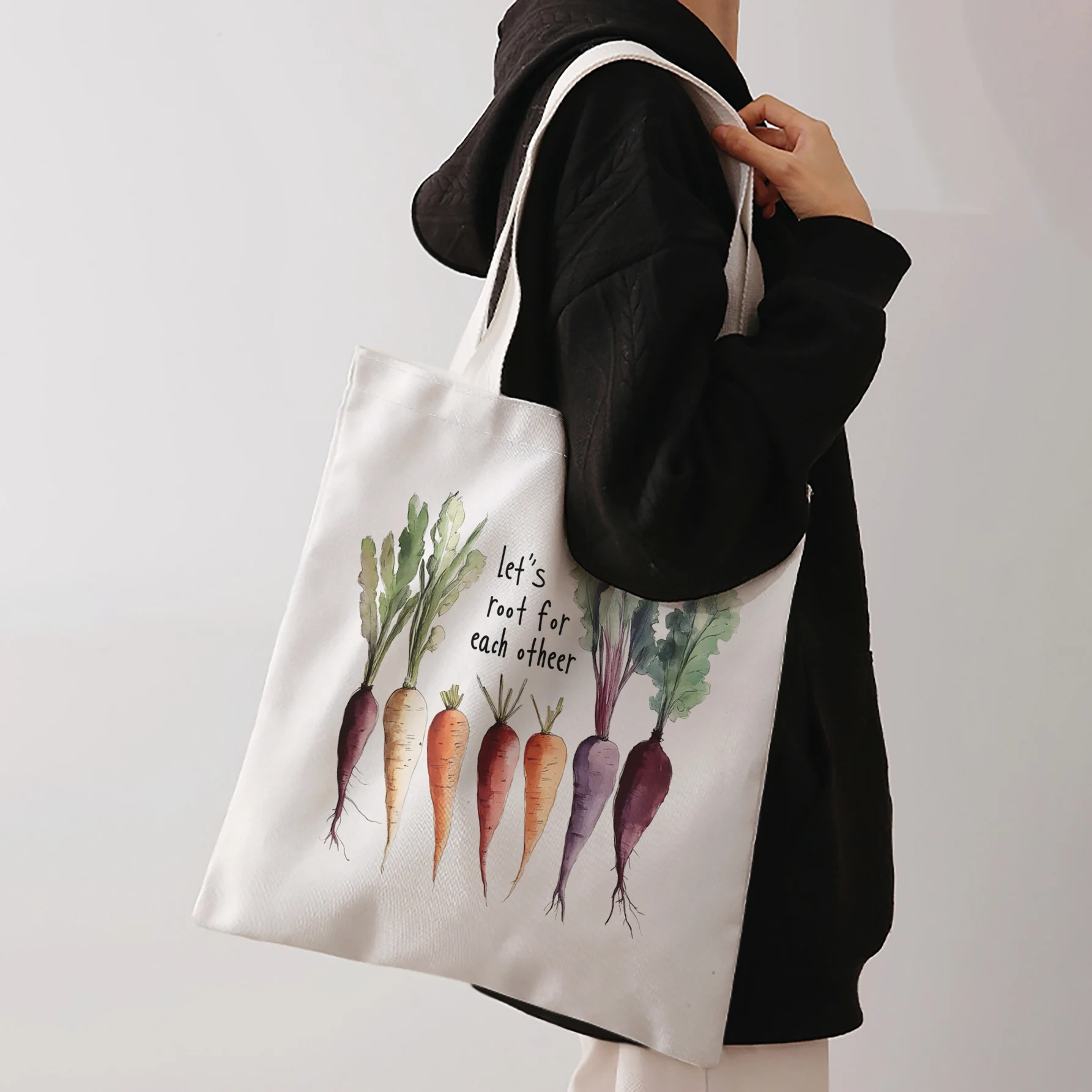 Watercolor Root Vegetables Let's Root For Each Other Text Print Tote Bag 35x40cm Large Shoulder Handbag For Daily Commute
