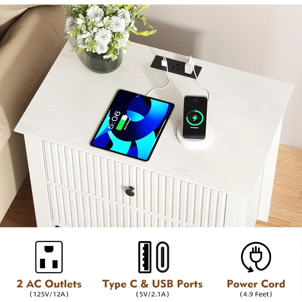 مجموعة منضدة واسعة مقاس 24 بوصة مكونة من 2 مع قاعدة شحن، ومنضدة ليلية مخددة مع 3 أدراج، وخشب حديث بجانب الطاولة #4