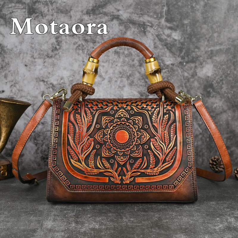 

MOTAORA 2025 New Retro Chinese Style Shoulder Bag Embossed Handmade Crossbody Tote Bag Female PU Leather Messenger Handbag Purse