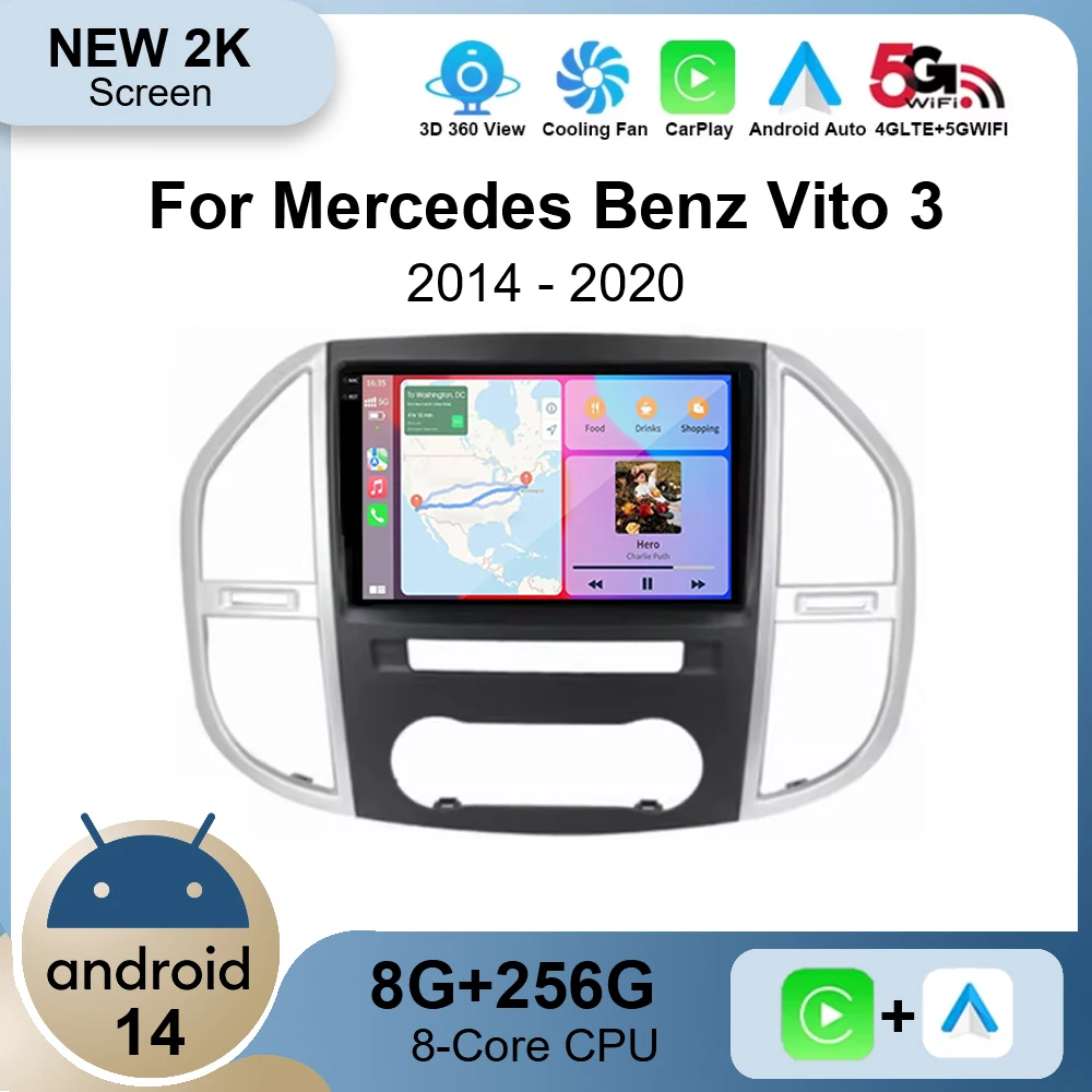 Android 14 Carplay Auto Car Radio for ercedes Benz Vito 3 W447 2014-2020 2K QLED Android Multimedia Player 2 Din GPS Navigatio