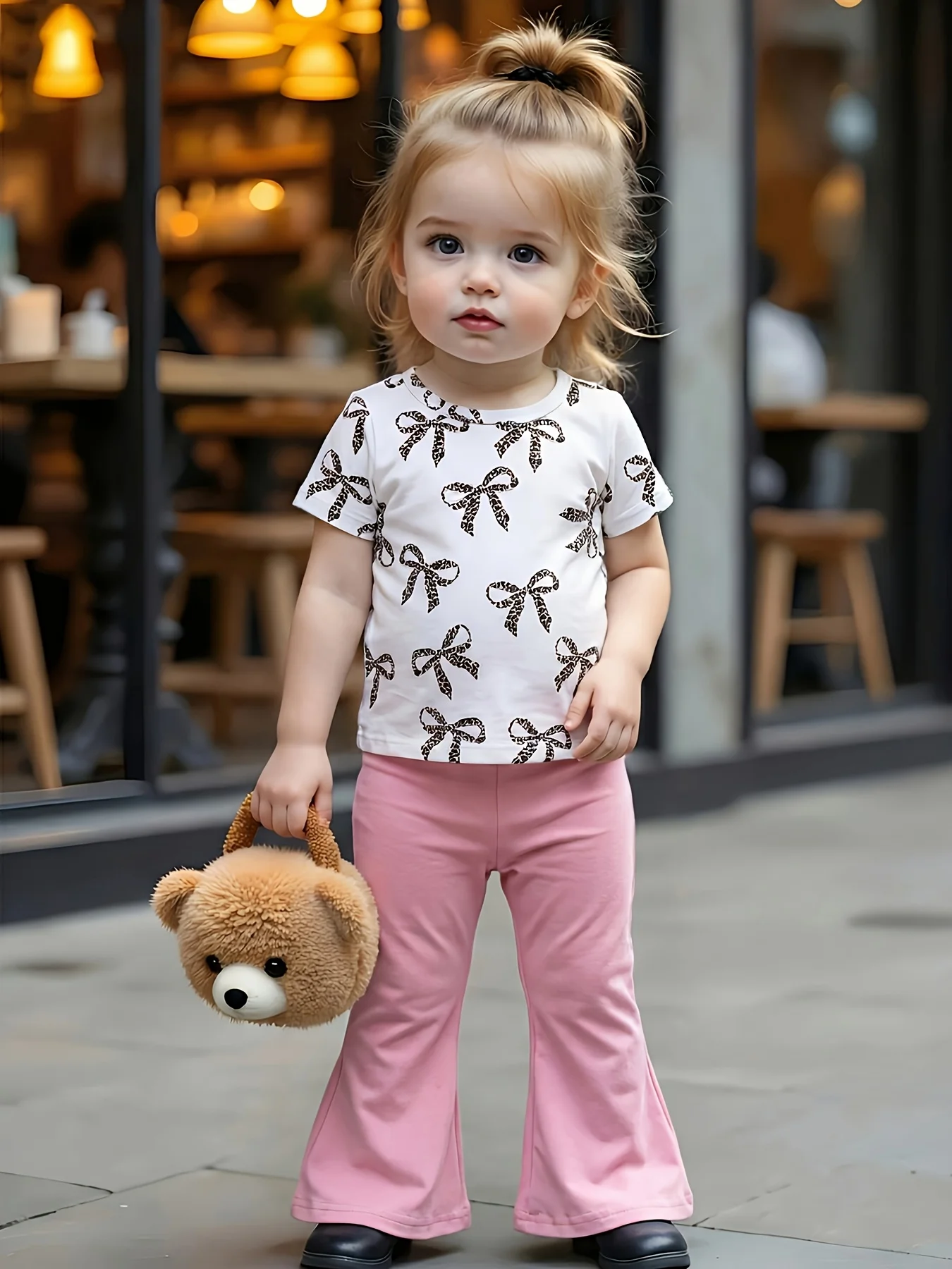 Girls White Base Leopard Bow Print T Shirt Pink Flare Pants Set Sweet Cool Style Summer Outfit