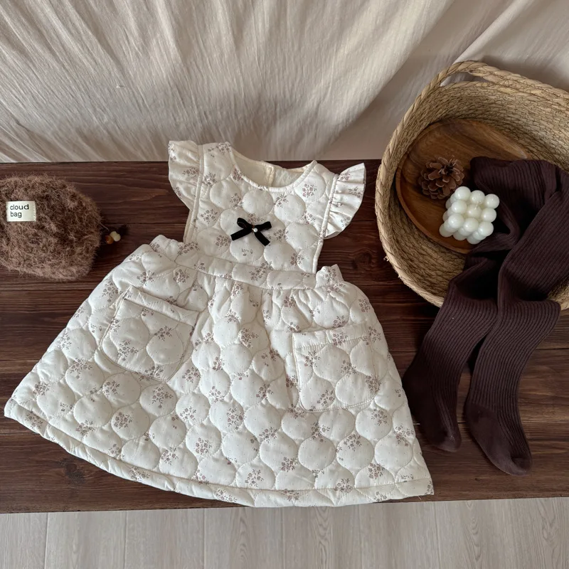 

2025 Winter New Girls Flying Sleeve Strap Dress Thick Warm Children Cotton Padded Dress Baby Girl Floral Dress Kids Clothes