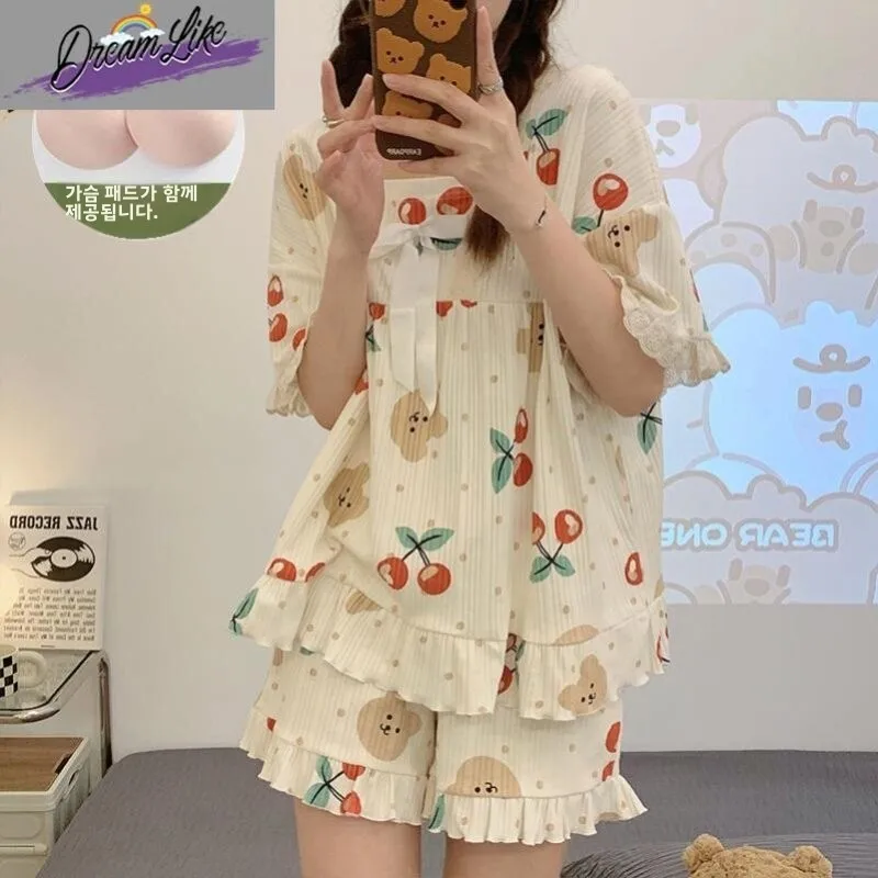 女性の夏用純綿パジャマセット-胸パッド付き-ルーズフィット-半袖-薄手-プリンセススタイル-ホームウェア