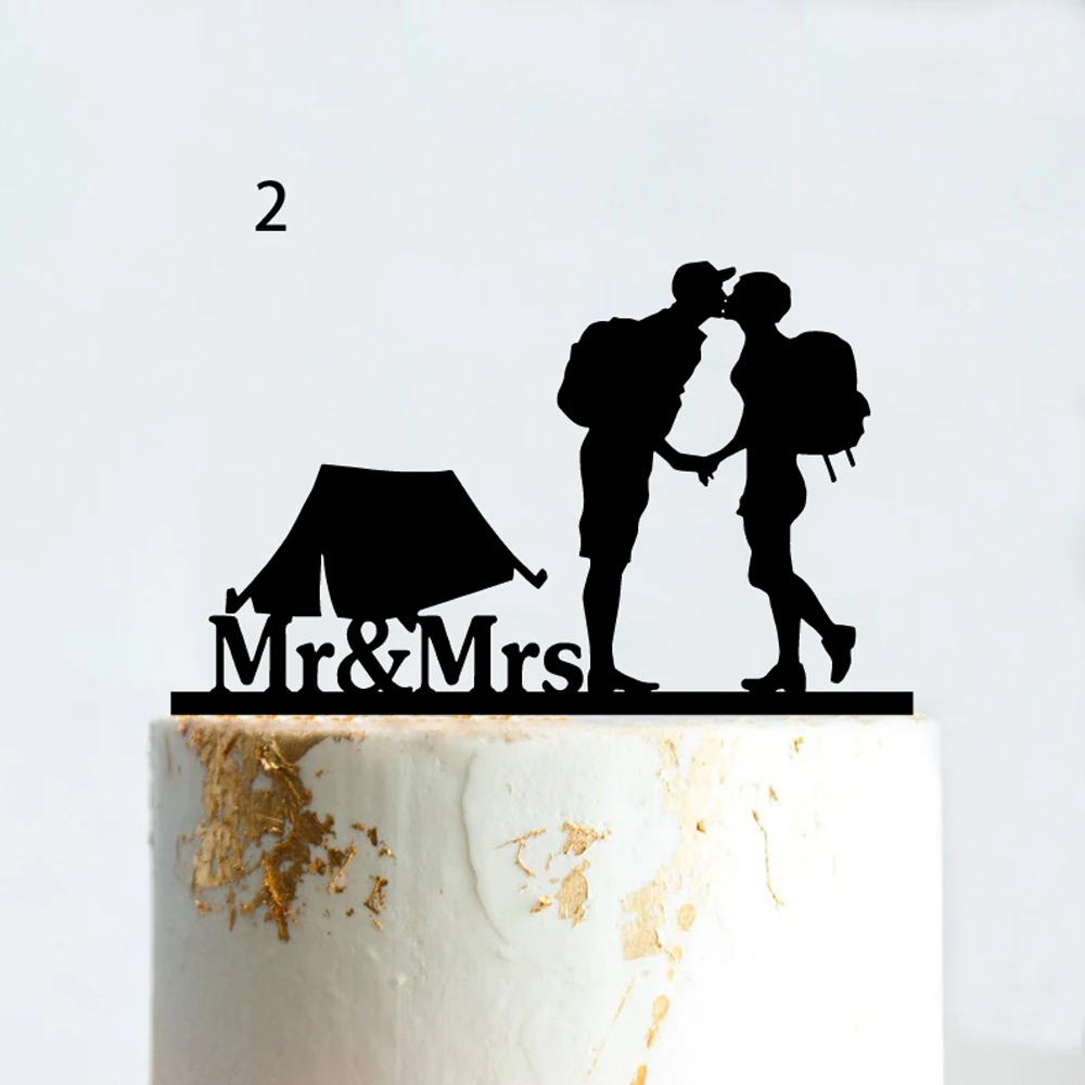 Mountain Outdoor Wedding Cake Topper Backpacking Camping Bride And Groom Hiking Travel Party Engagement Wood Acrylic Decoration