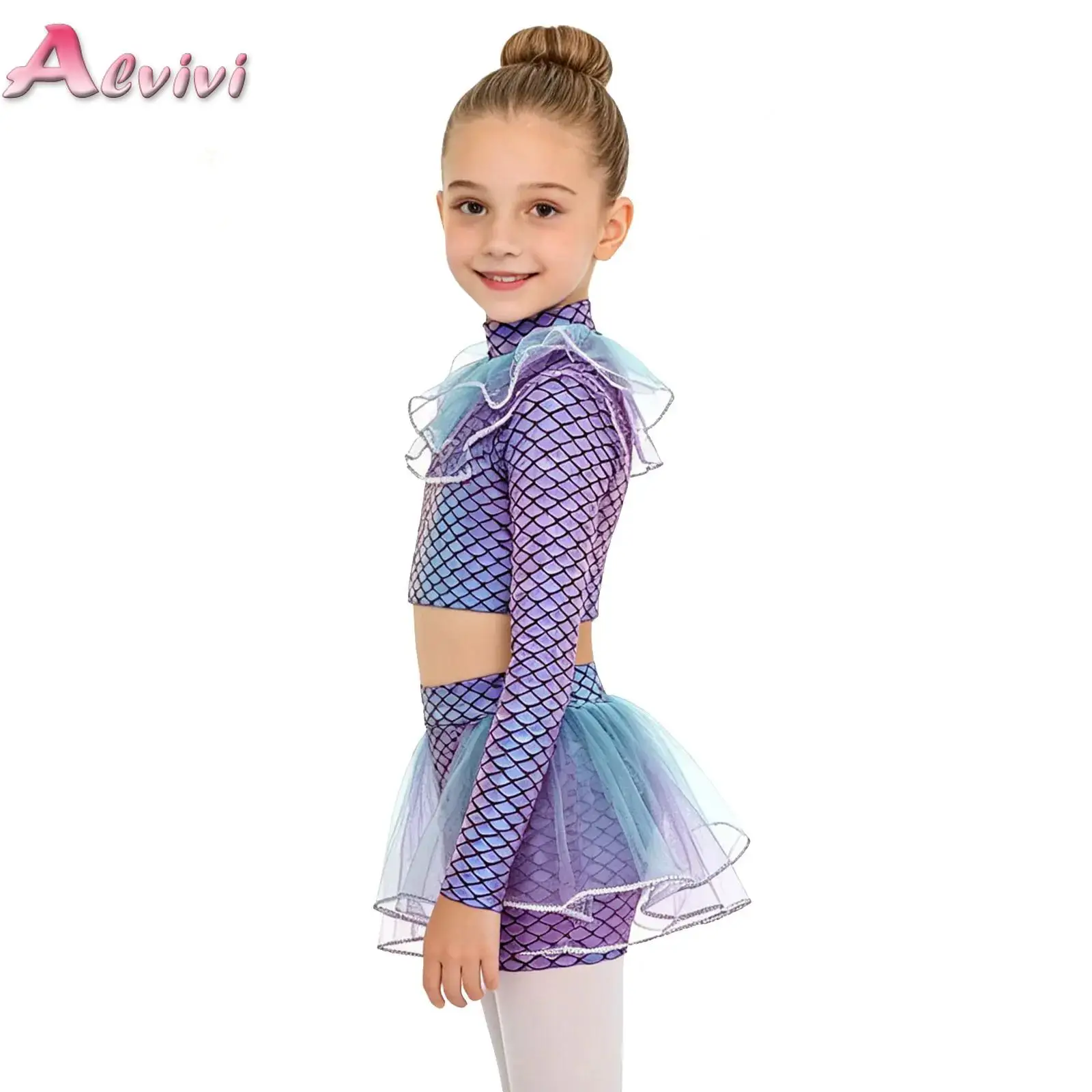Girls Halloween 2Pcs Mermaid Cosplay Costume Fish Scales Print Mesh Crop Top with Shorts Set Ballet Figure Skating Jazz Outfit