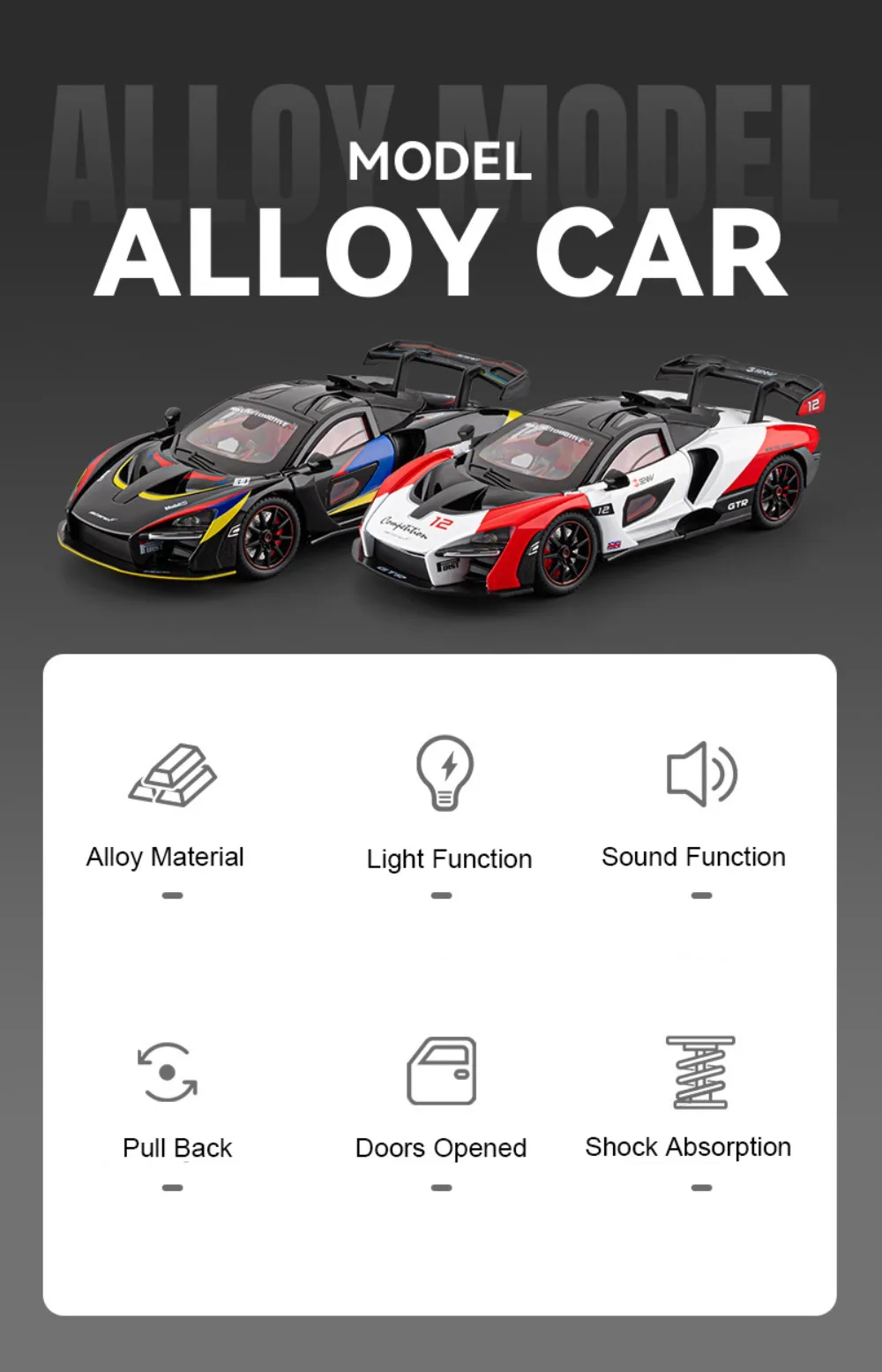 1:24 Senna GTR 720S Miniature Model Alloy Diecast Sports Car Toys Front Wheel Steering Sound Light Pull Back Boys Festival Gifts