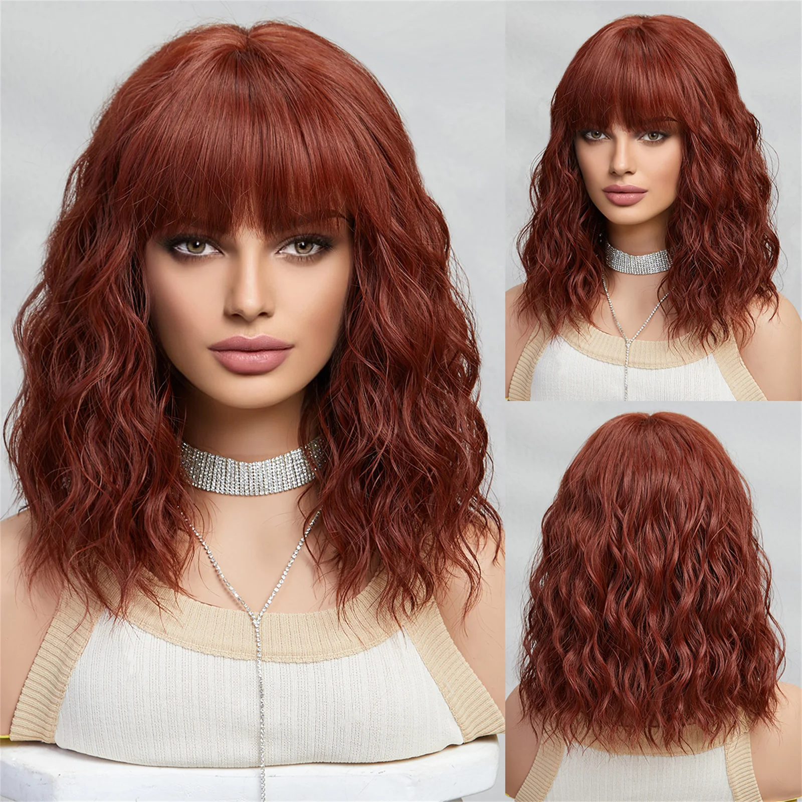 

ESIN Synthetic Orange Color Wavy Bob Wigs Medium Long Loose Body Wave Wig with Bangs Cosplay Daily Natural Wigs for Women