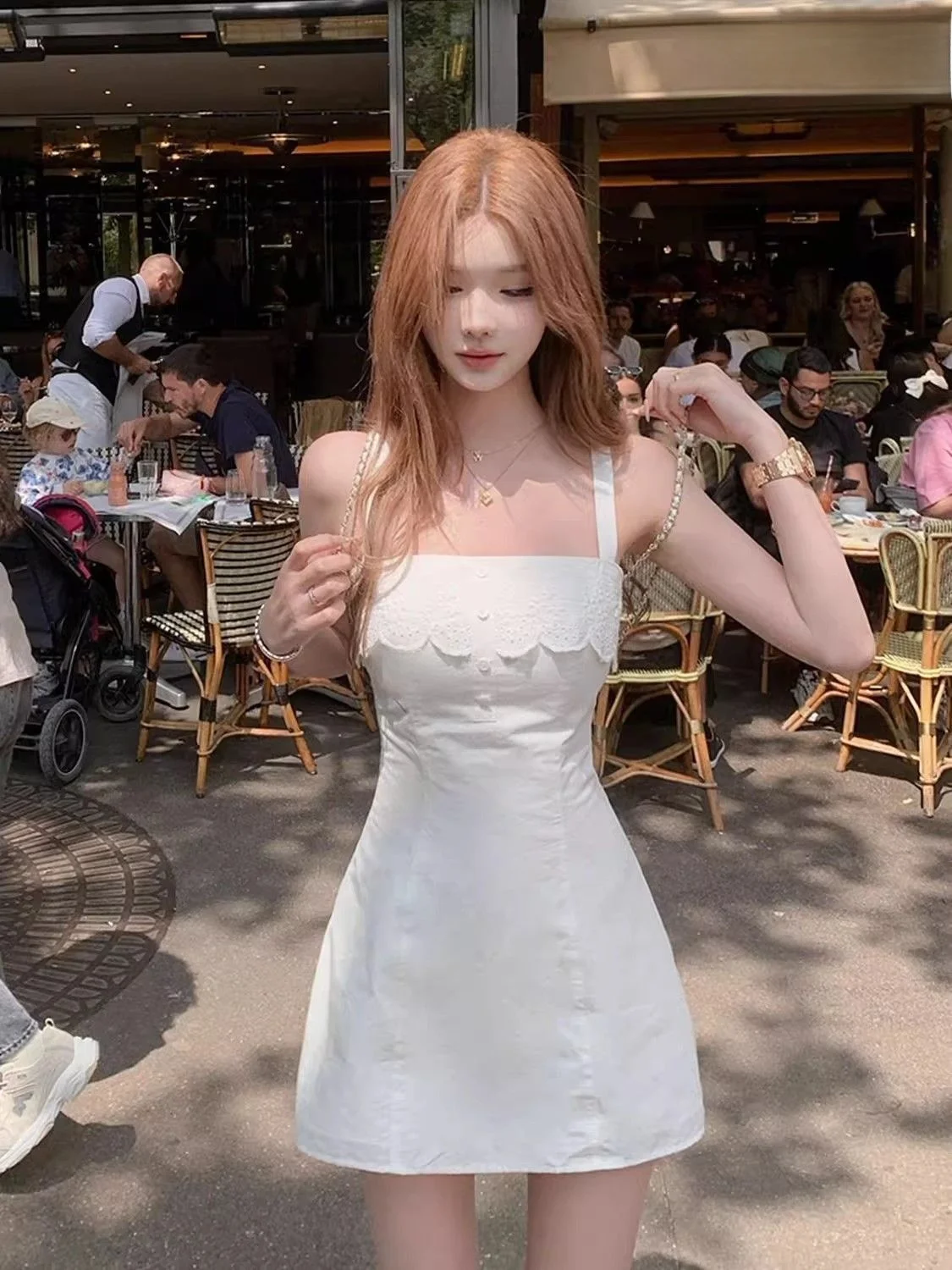 Summer Sweet White Strap Dress Women's Small Size Cute Short Skirt First Love Series Absolutely Beautiful  Dress