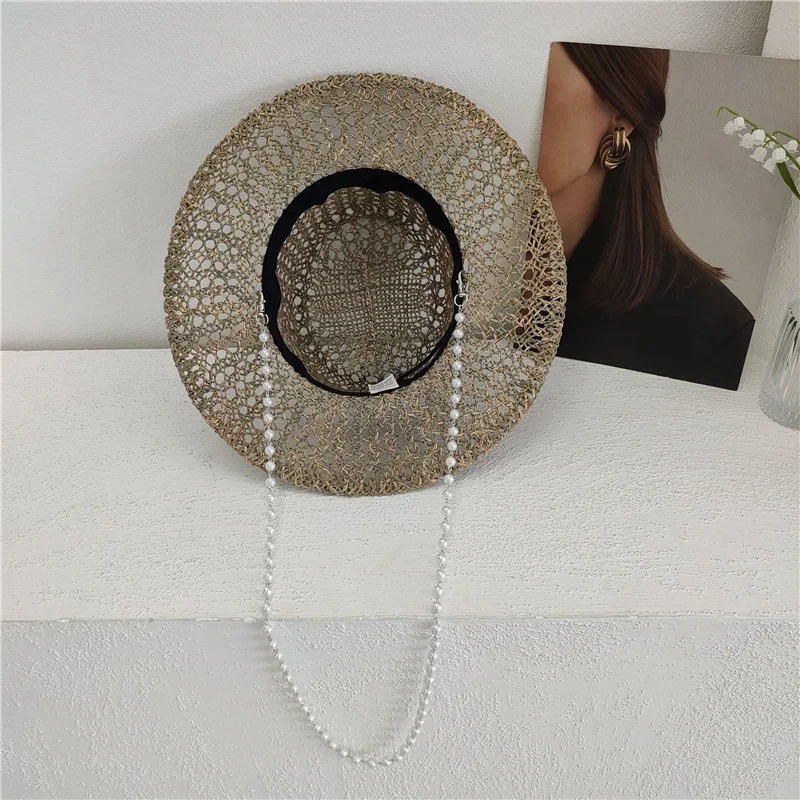 202506-SHI INS الصيف دروبشيبينغ العشب الملح الطبيعي مخرمة النسيج اللؤلؤ سلسلة سيدة فيدورا قبعة المرأة بنما الجاز قبعة #2