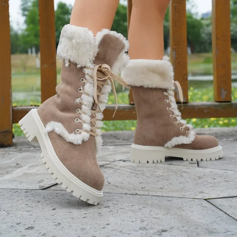

Sweet Winter Girls Lolita Mid-Calf Snow Boots,Cute Female Students Plush Warm Bowknots Lace Up Wedge Heel Heightening Shoes 43