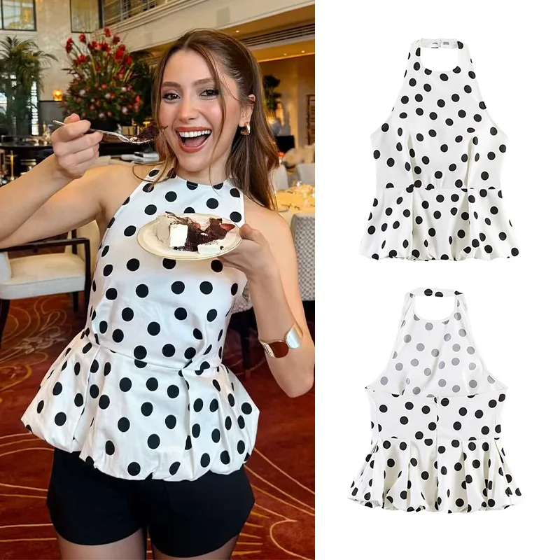 SLTNX 2026 New Women's Clothing Sweet and Fashionable Hanging Neck Collar off Shoulder Polka Dot Balloon Version Vest Top