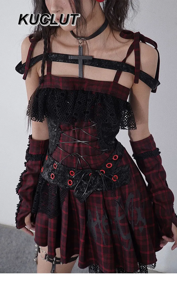2025 New Summer Ladies Y2k Dress Vintage Casual Elegant Punk Style Suspender Red and Black Plaid Women's Short Dresses
