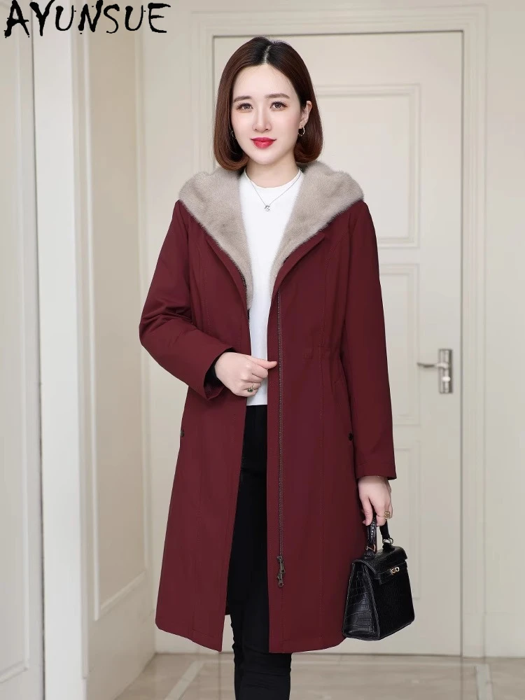 

AYUNSUE Real Mink Fur Coat Women Winter Clothes Womens Parka Real Fur Jacket Пальто Женское Patchwork Mink Liner Detachable