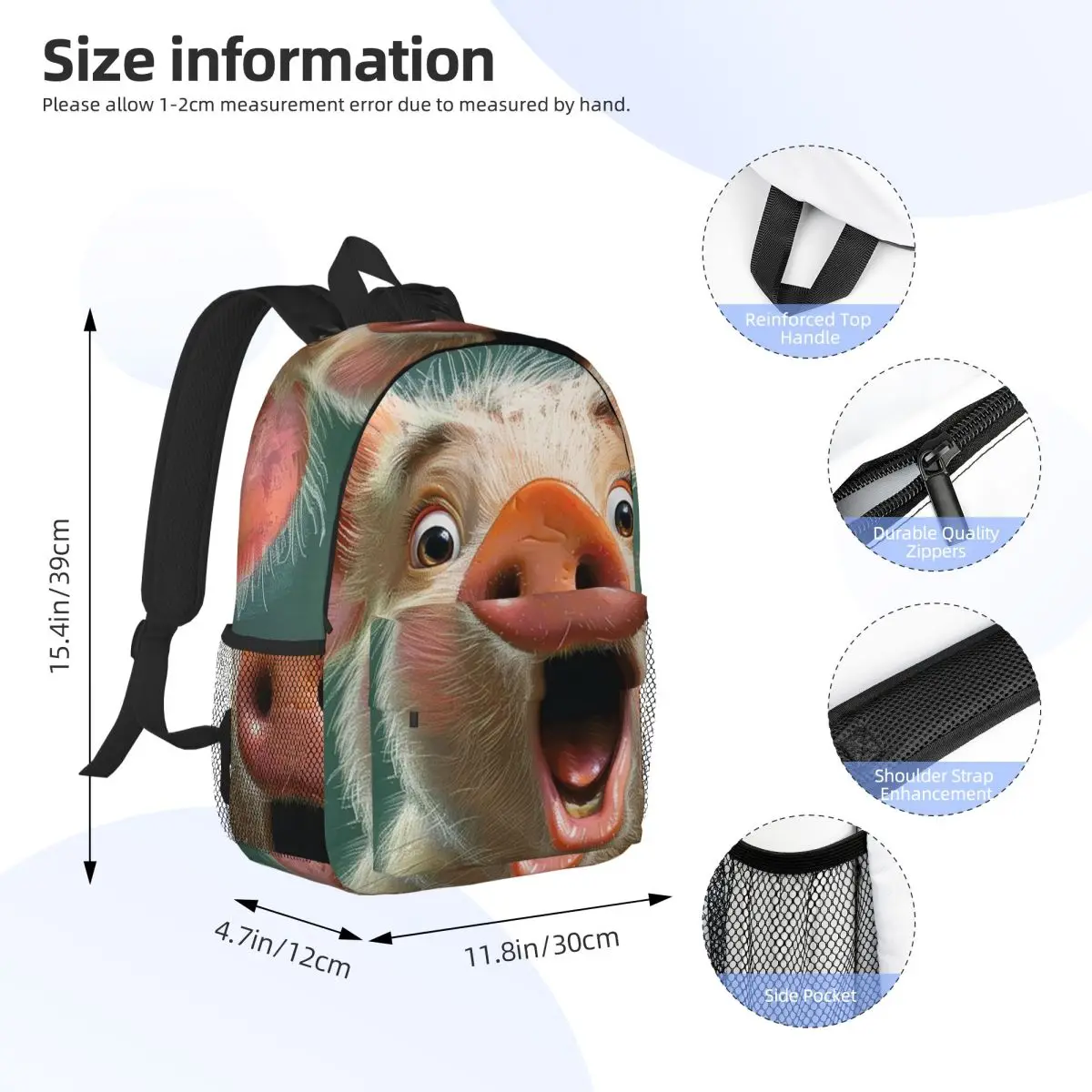 Vintage Cute Pig Realistic Backpack Daypack Large Capacity Boys Girls BookBag Shoulder Bags for Men Women Kids School Bag