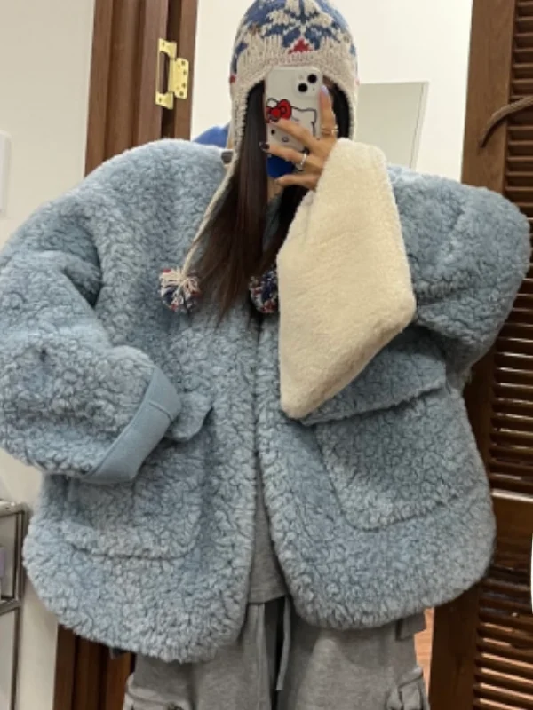 

Women's Thickened Oversize Lamb Fur Cotton Jacket Coat Retro Winter Warm Integrated Leather Fur Trendy Long Sleeve Hooded