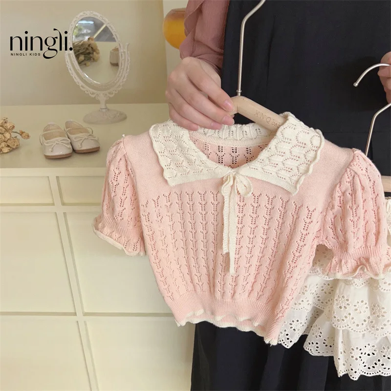 

Girls Suits Summer Set Kid 2024 New Baby Girls Summer Fashion Knit Short Sleeve Fashion Lace Shorts Two-piece Set Clothes
