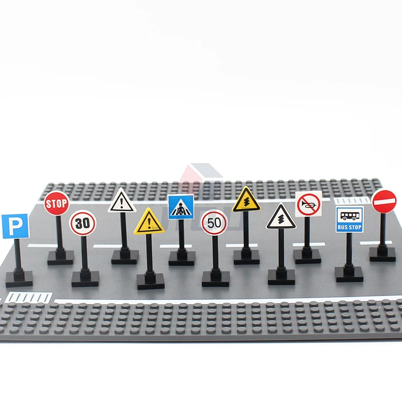 City Traffic Lamp Signpost Railway Barrier Building Blocks MOC Street View Accessories Bricks Speed Limit Indicator Warning Toys