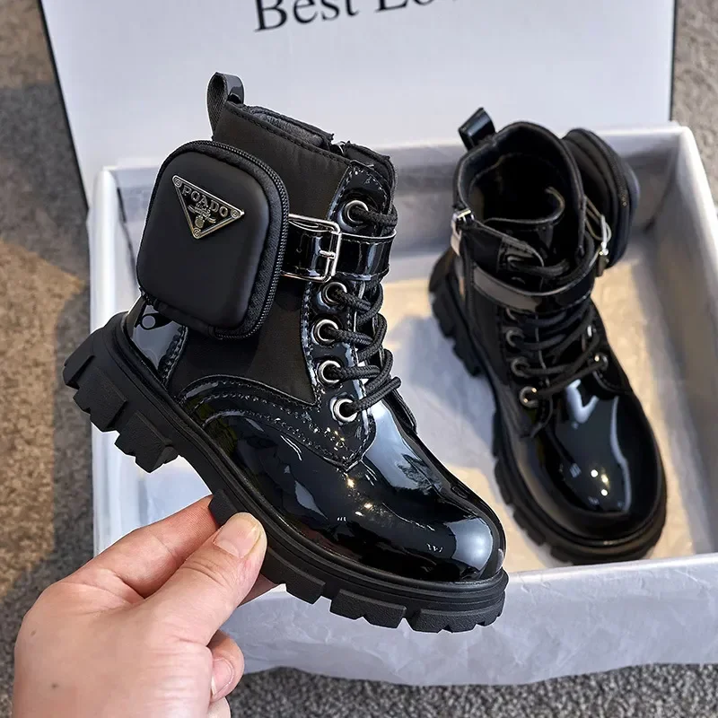 Kids Boots Fashion Patent Leather Girl Shoes British Style Ankle Boots Warm Plush Snow Boot Waterproof Non-slip Children's Shoes image 3